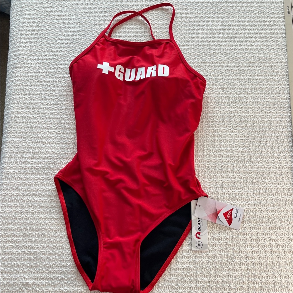 Blarix Swimwear -women's med, lifeguard one pc suit, hi cut leg, red w white